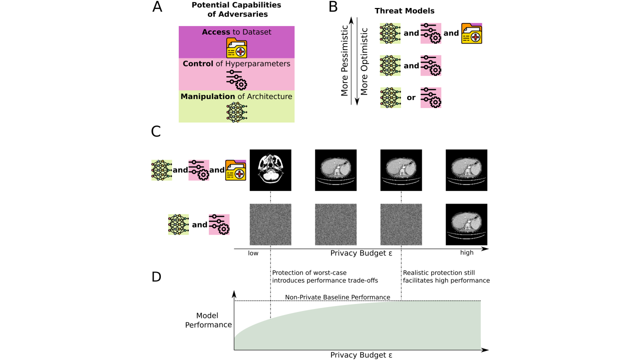 © a, Adversaries can have various capabilities depending on the setting. b, The combination of the adversary’s capabilities defines the threat model. In a worst-case analysis, they have all capabilities. However, access to the database is a pessimistic, practically irrelevant scenario. c, The necessary privacy protection depends on the threat model. In a worst-case threat model, the adversary only needs to match the model and gradient to an image in the database. In a practically more relevant scenario, the image must be reconstructed from the model and gradient. Here, much less privacy protection is necessary. d, The more stringent the privacy protection is chosen, the higher the impacts on the model performance are. Thus, if a realistic threat model is considered appropriate, models can perform better. ©